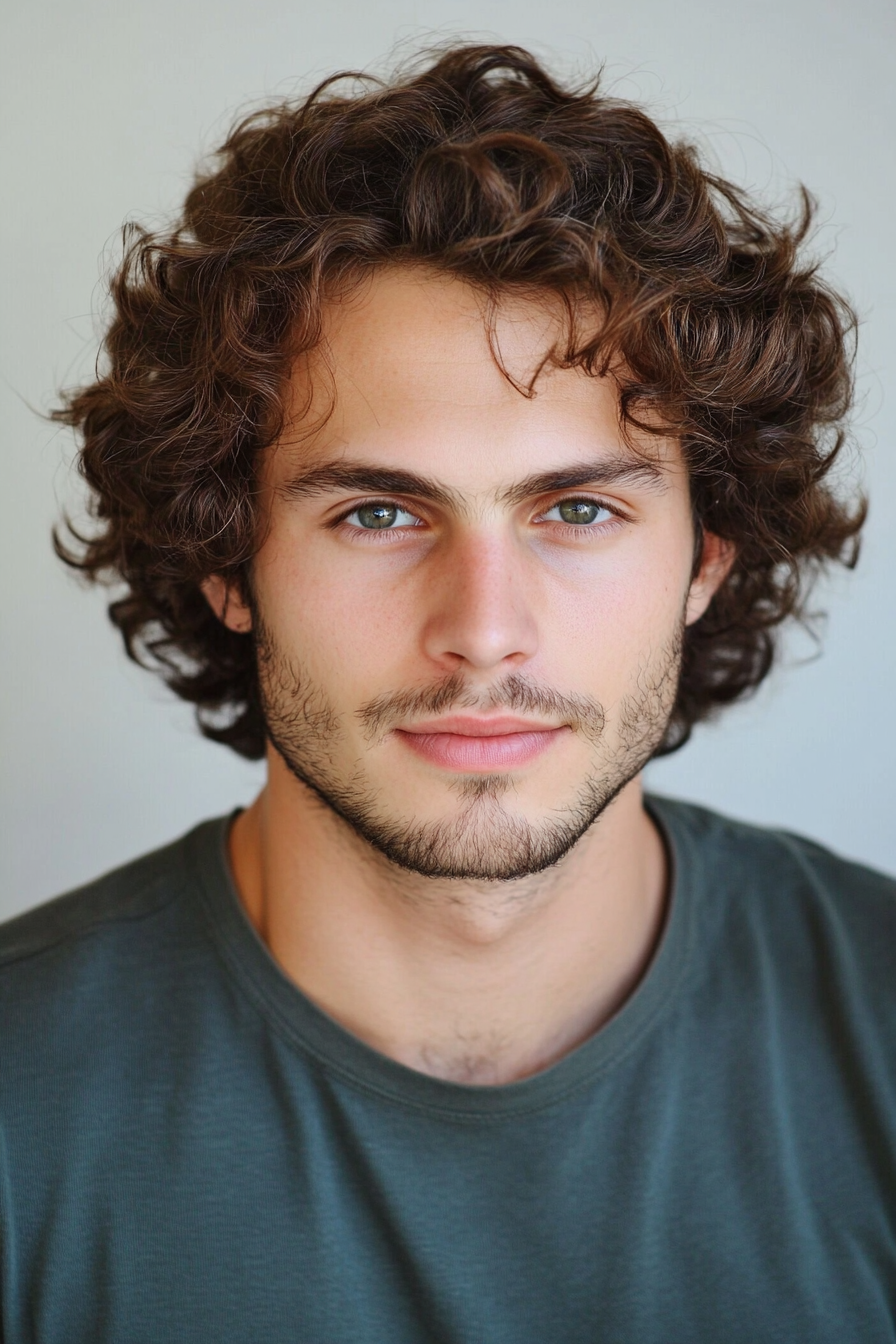 Men's curly hairstyle. Coiled curls with water and gel technique.