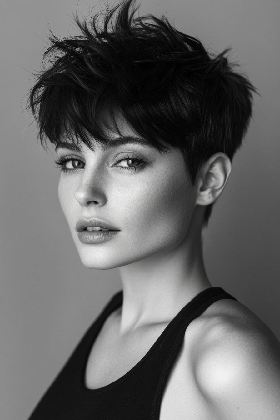 Women's short hairstyle. Smooth side bangs with spiky crown