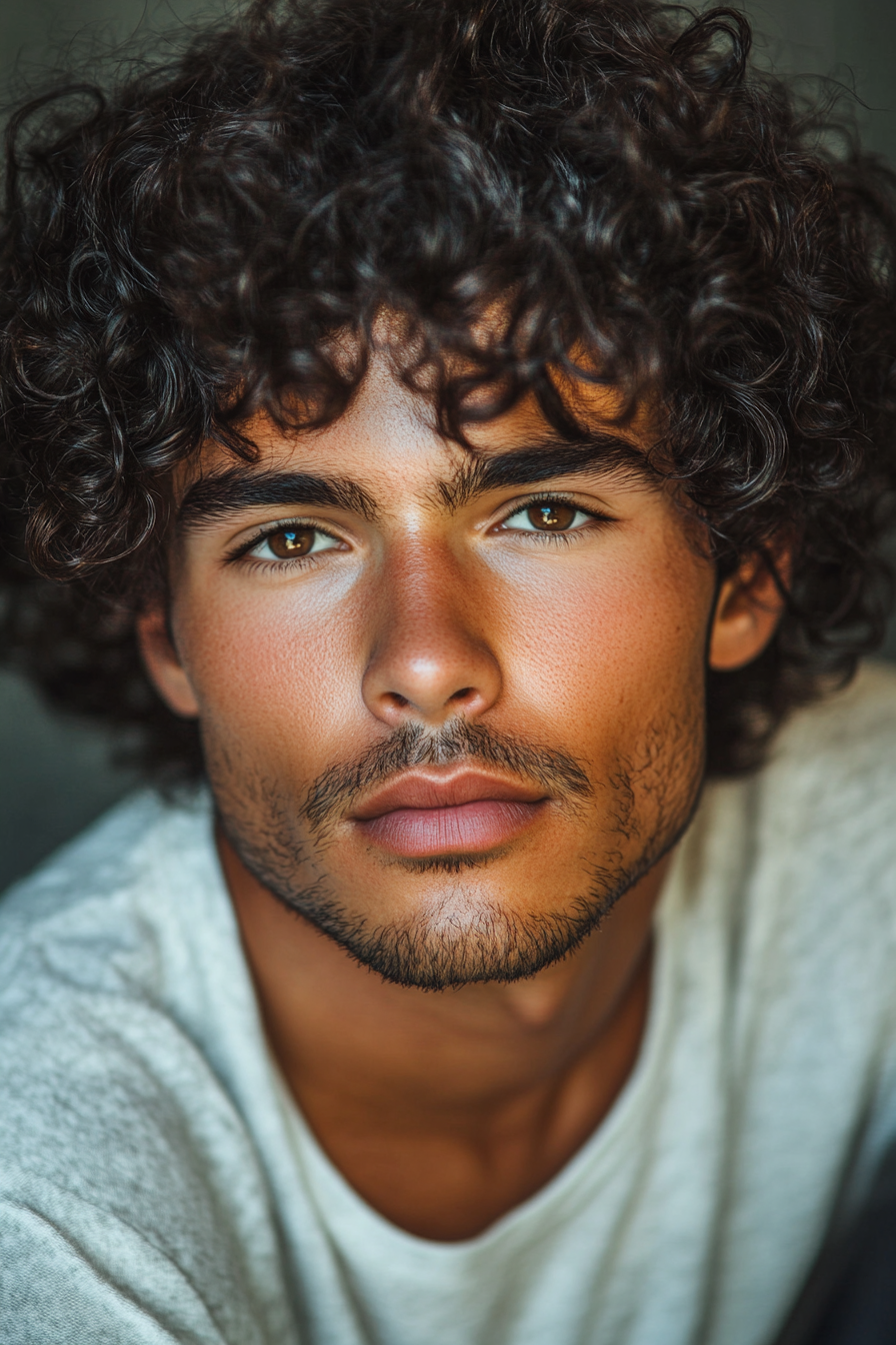 Curly men's hair style. Hydrating shampoo and conditioner application, soft curl definition cream.