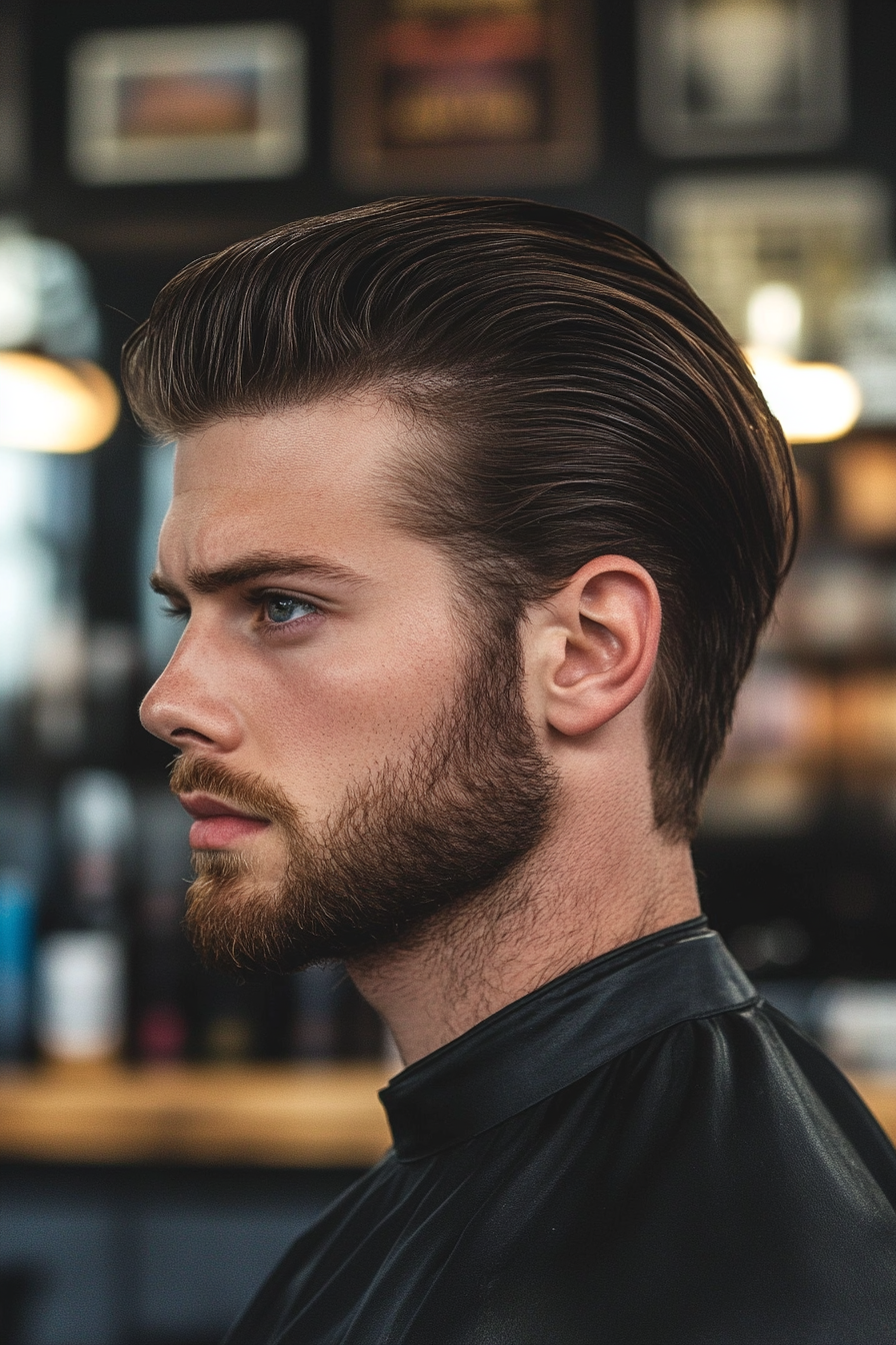 Men's volume style. Hair pomade for slicked back pompadour.