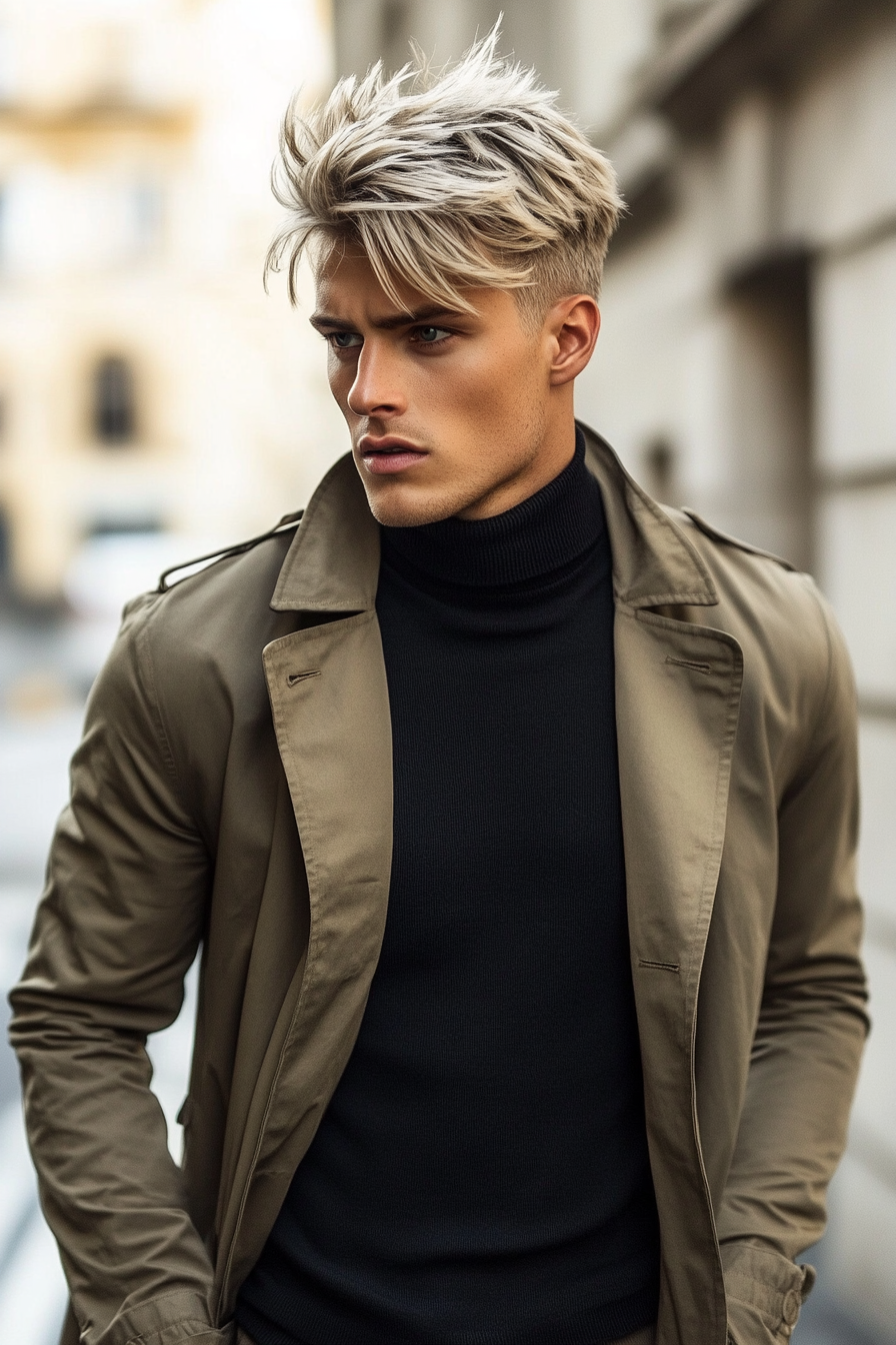 Men's modern style. Khaki trench coat, black turtleneck, gunmetal grey disconnected haircut.