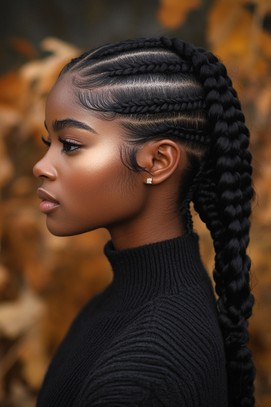 Protective style for women. Cornrows with square sectioning pattern, satin pillowcase maintenance.