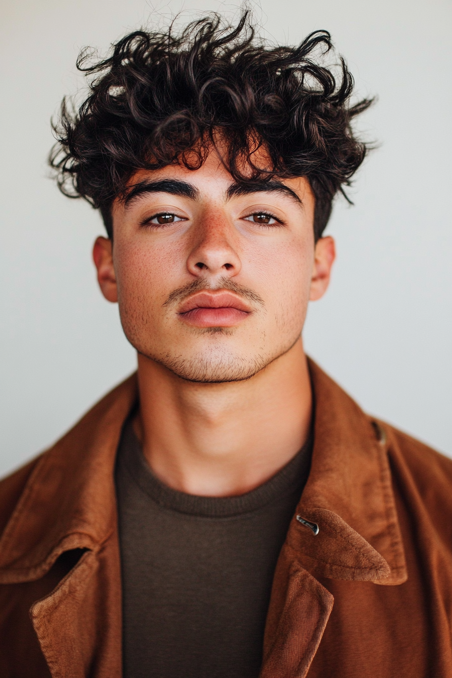 Men's texture style. Chestnut colored defined curls with low fade.