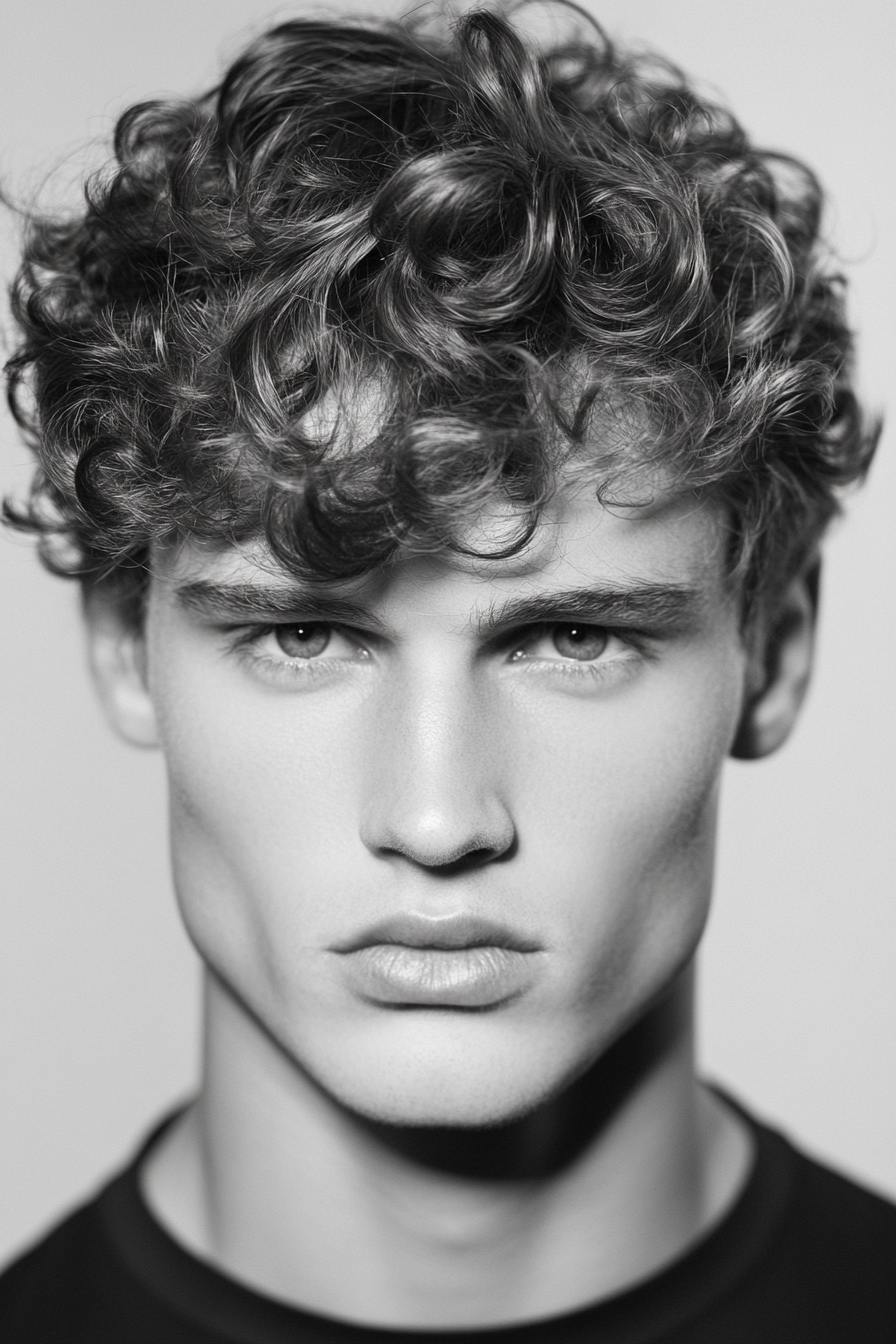 Men's Curly Style. Middle Parting with   Defined Curls using hairstyling cream.