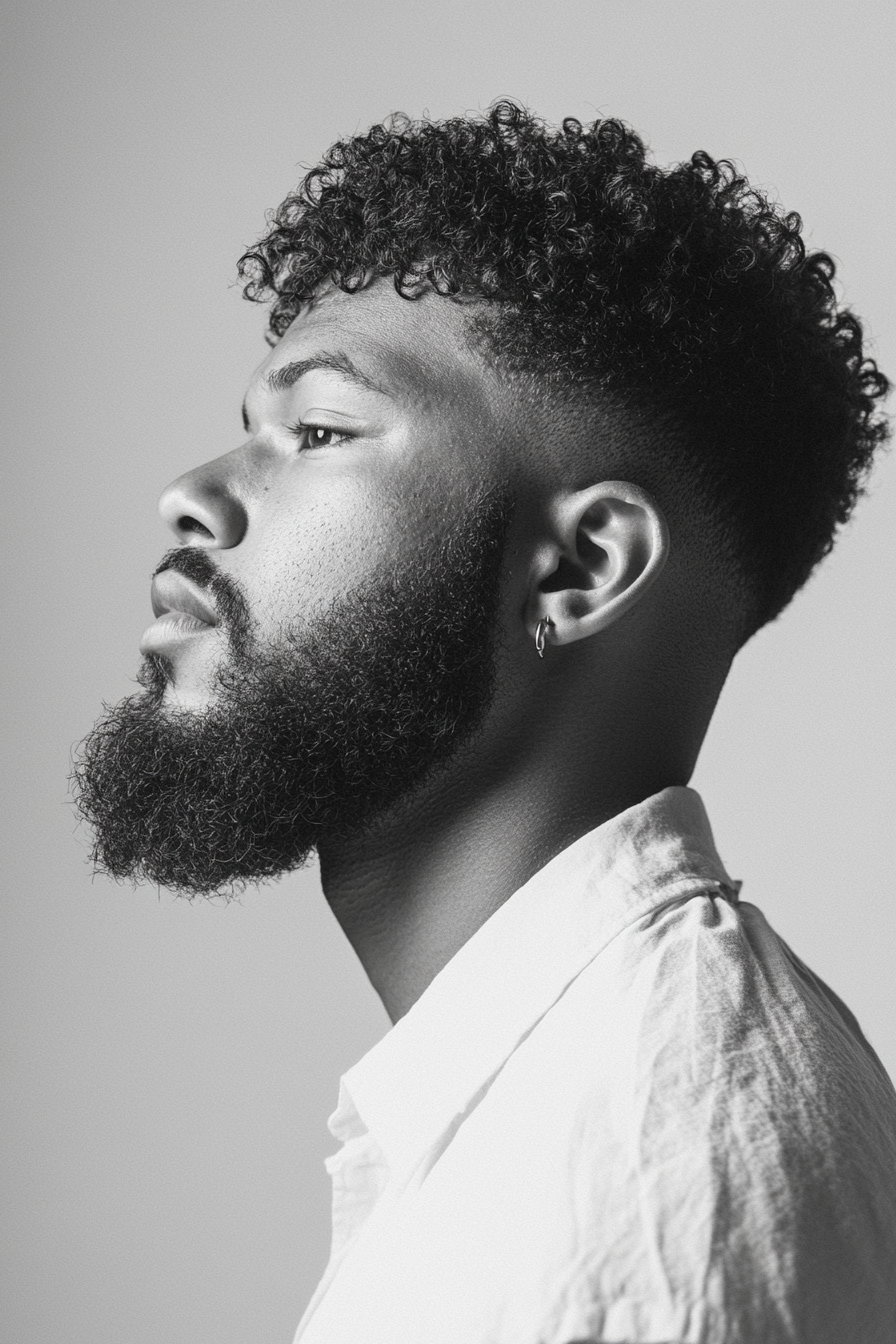 Men's texture style. High fade with tight ringlet curls.