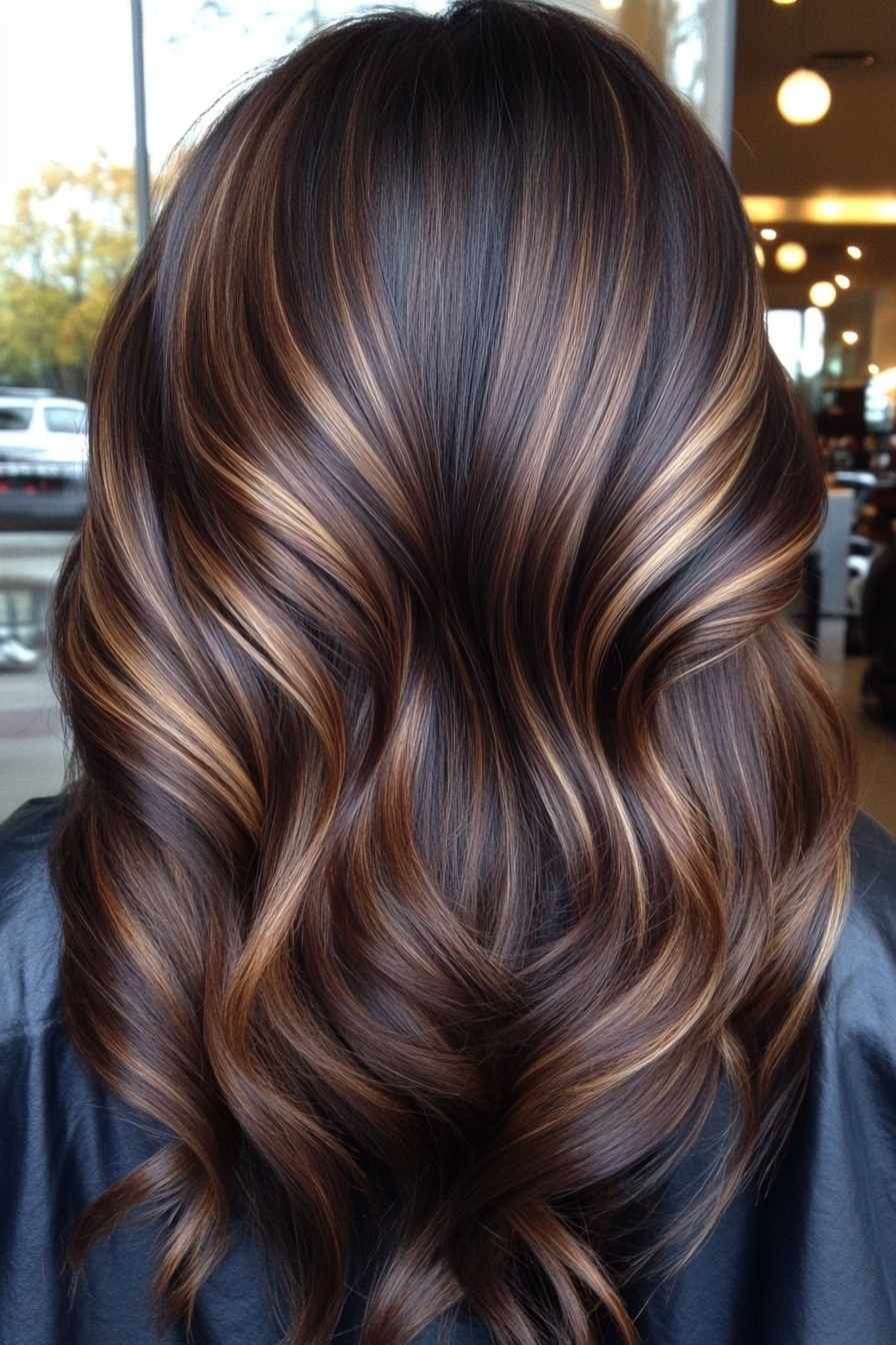 Hair color. Brunette with caramel balayage highlights.