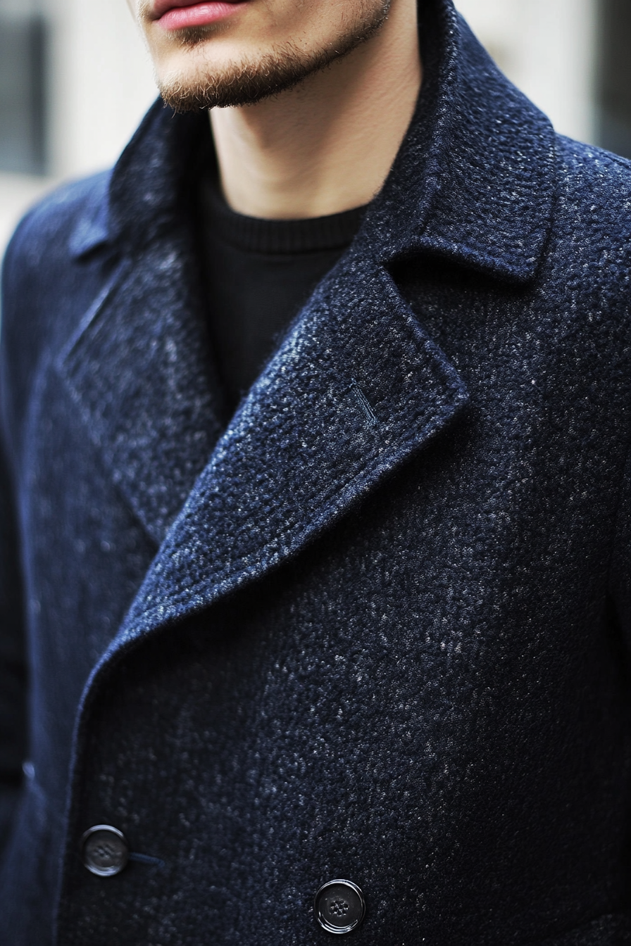 Men's seasonal style. Textured navy peacoat with taper faded sides.