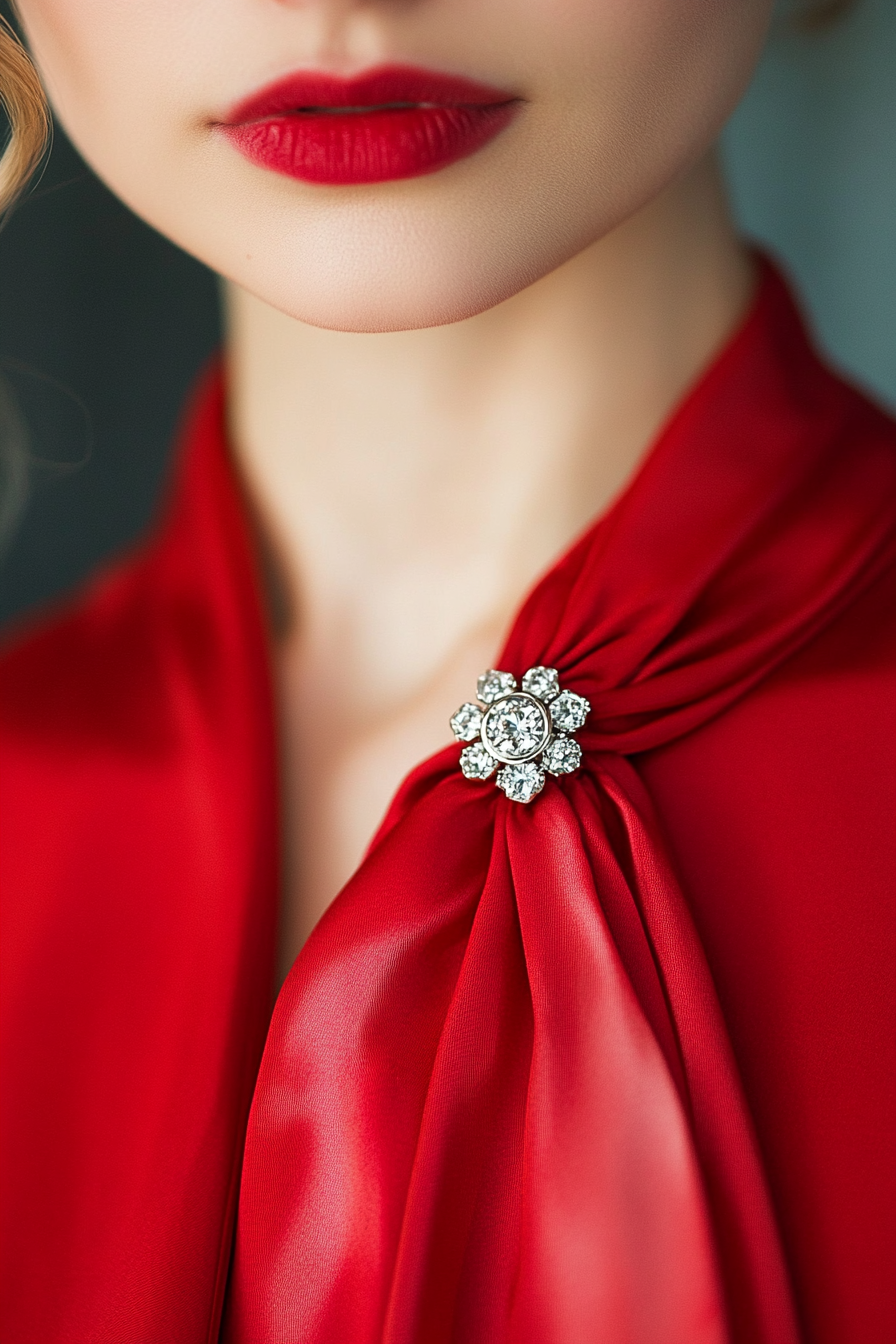 Classic women's style. Red silk blouse with diamond brooch.