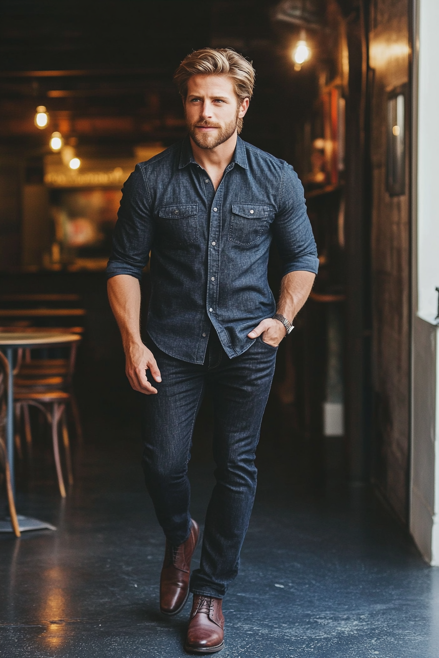 Men's modern style. Black chambray shirt with slim dark jeans and Chelsea boots.