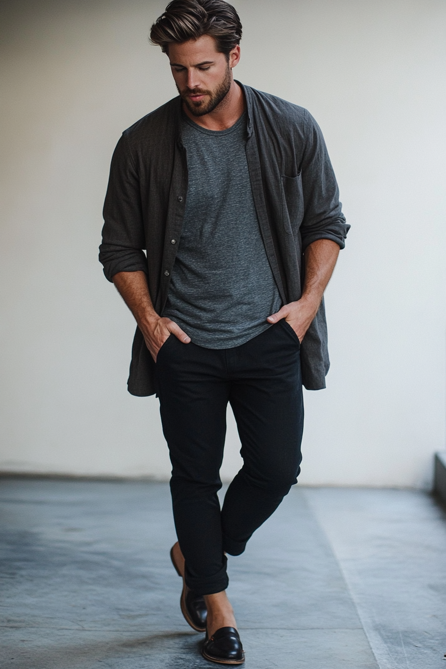 Men's modern style. Plain charcoal overshirt over heathered grey tee with disconnected cropped black trousers.