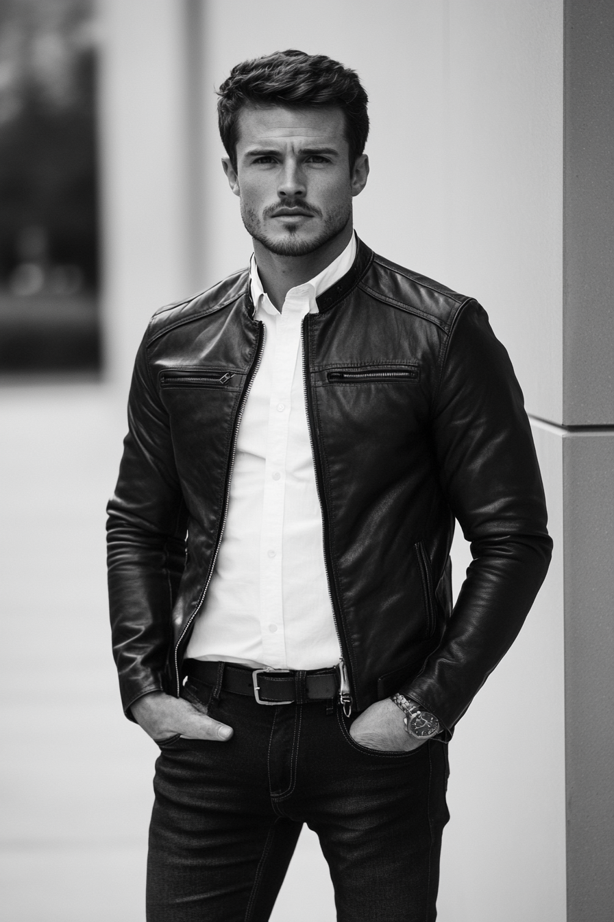 Men's edgy style. Black leather jacket paired with crisp white shirt.