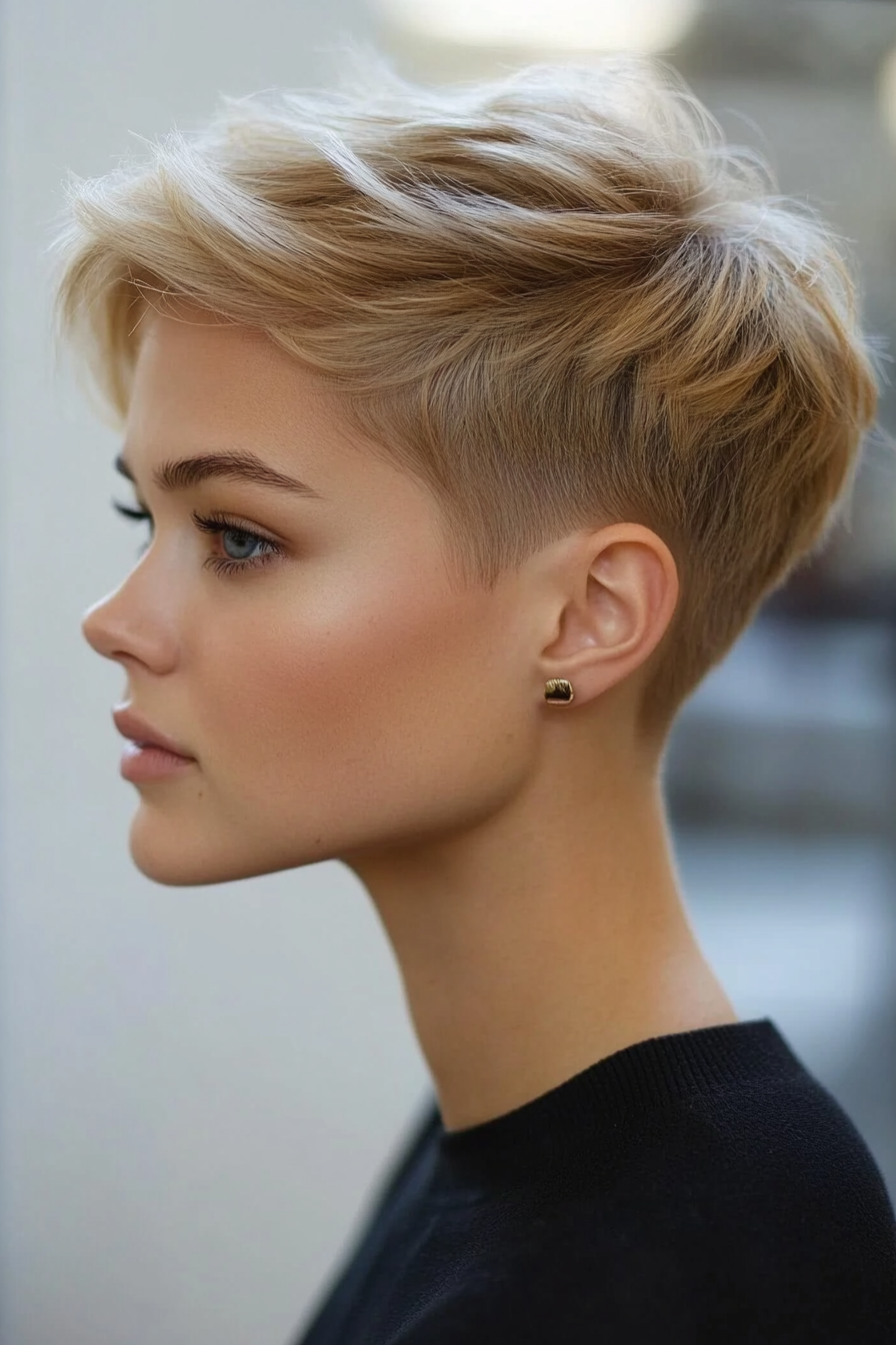 Women's short hairstyle. Textured crown, tapered sides and golden-blonde tone.