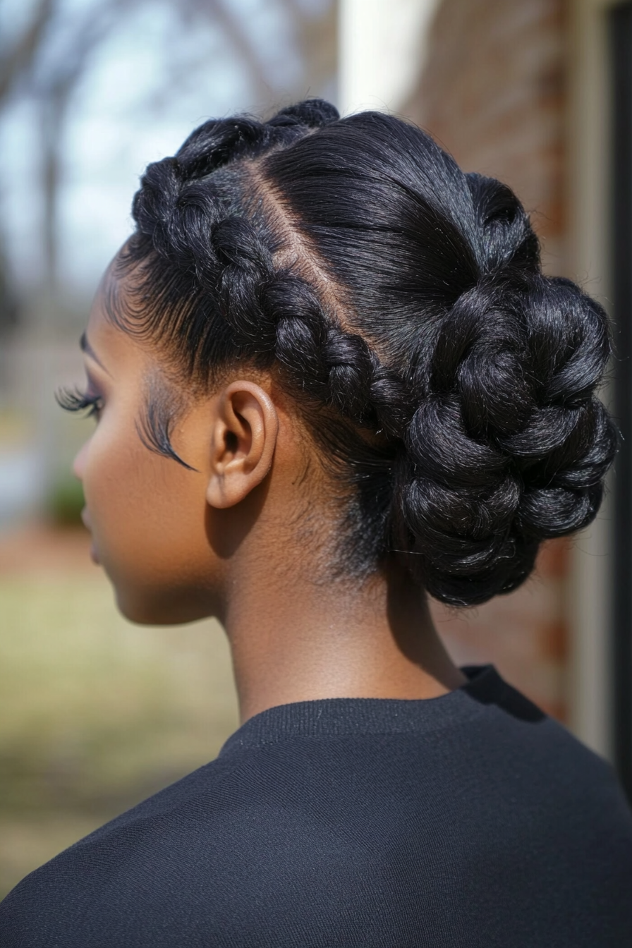 Women's protective style. Twisted updo with symmetrical half moon sections, satin pillowcase for maintenance.