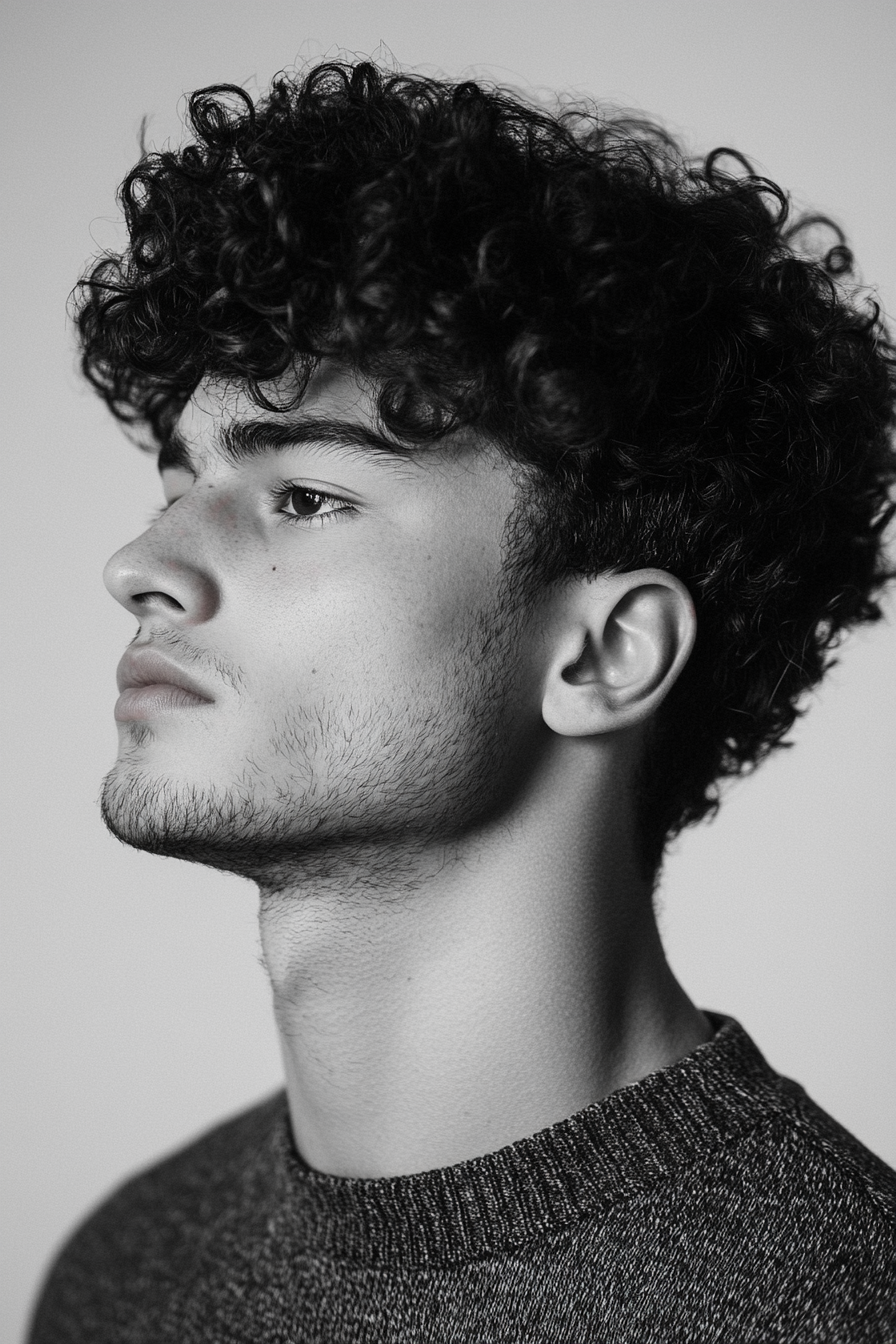 Men's curly hairstyle. Coiled Rinse-out Conditioning with curls defining gel.