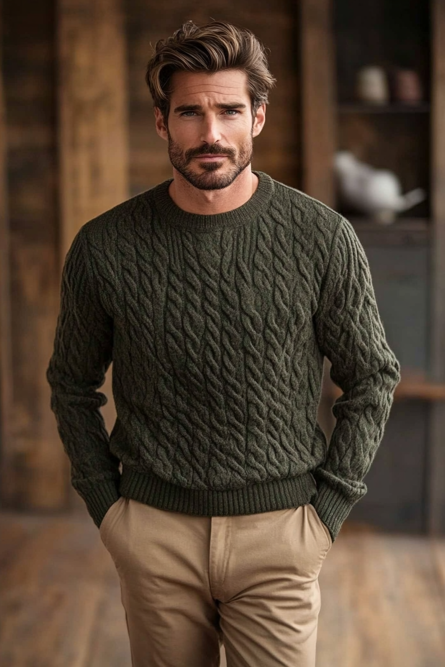 Seasonal men's style. Textured forest green sweater, clean khaki chinos.