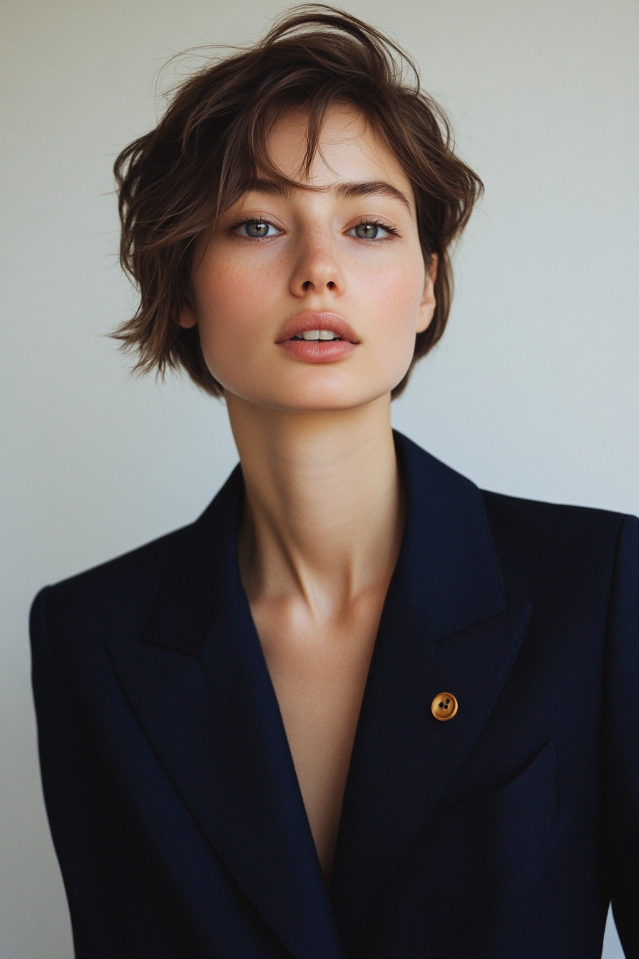 Classic women's style. Navy wool blazer with statement buttons and face-framing layered haircut.