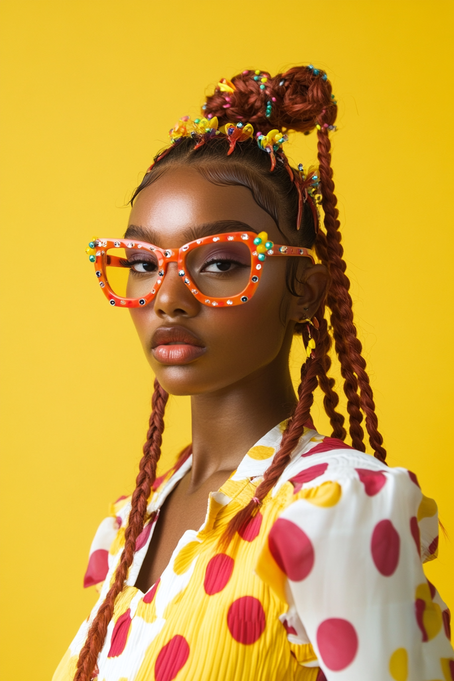 Retro women's style. Baby braids, face-framing pieces, and colorful clips in a polka dot dress.