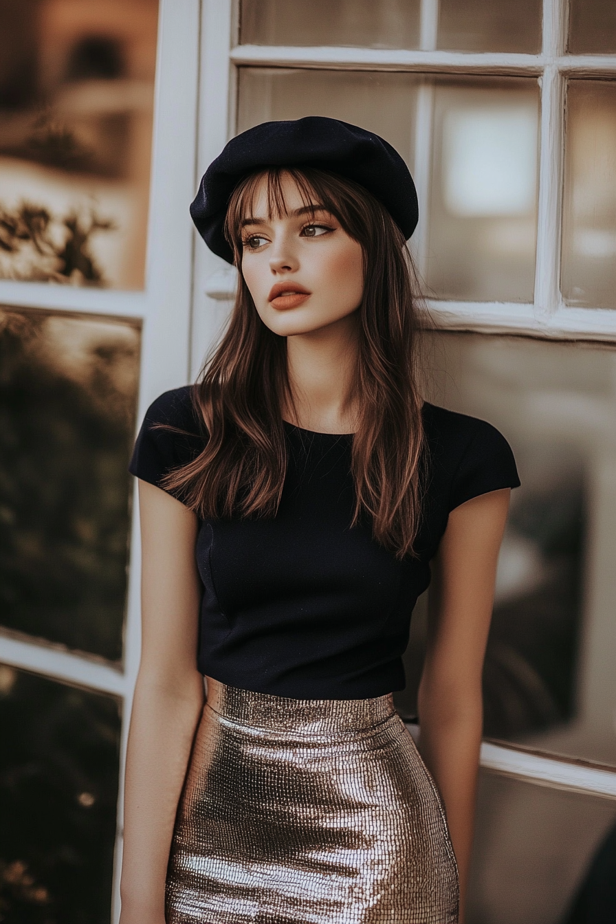 Classic women's style. Navy beret paired with a modern, metallic mini skirt.