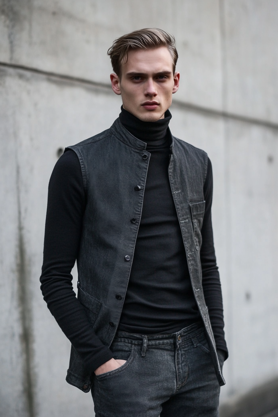 Modern male style. Black turtleneck, grey chambray button-up with disconnected denim sides.