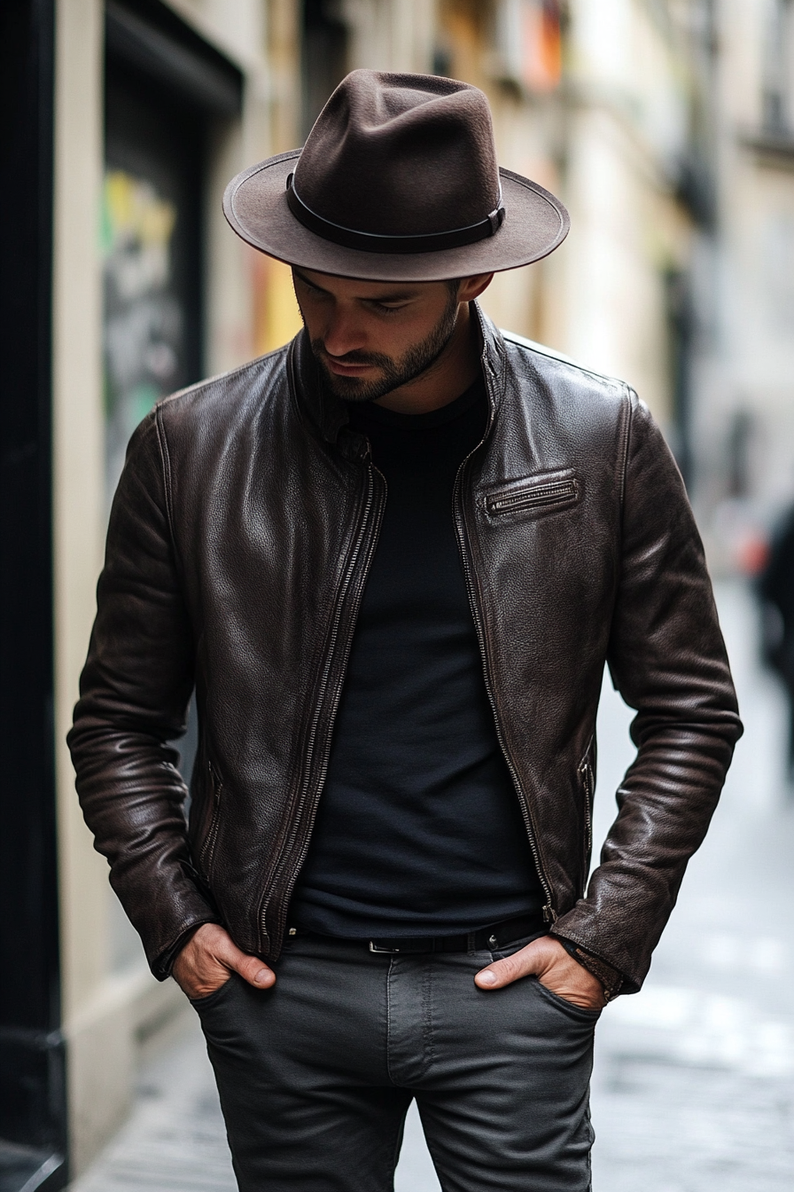 Men's edgy style. Chino pants, leather jacket, fedora hat.