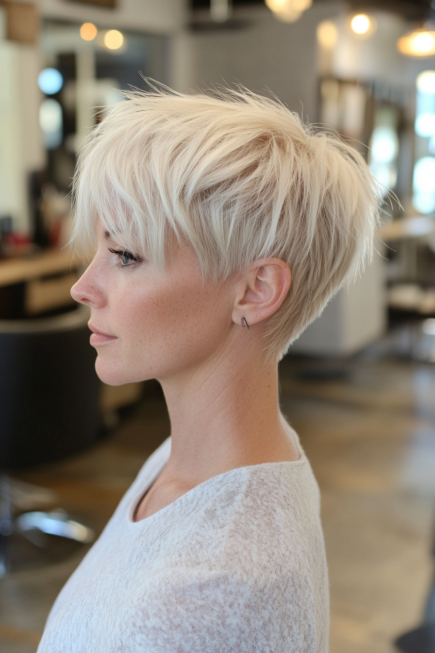 Women's short style. Choppy Platinum pixie textured with a flat Iron.