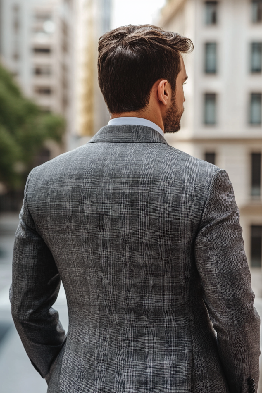 Men's short style collection. Grey gradient, precisely fitted suit with clean tailoring lines.