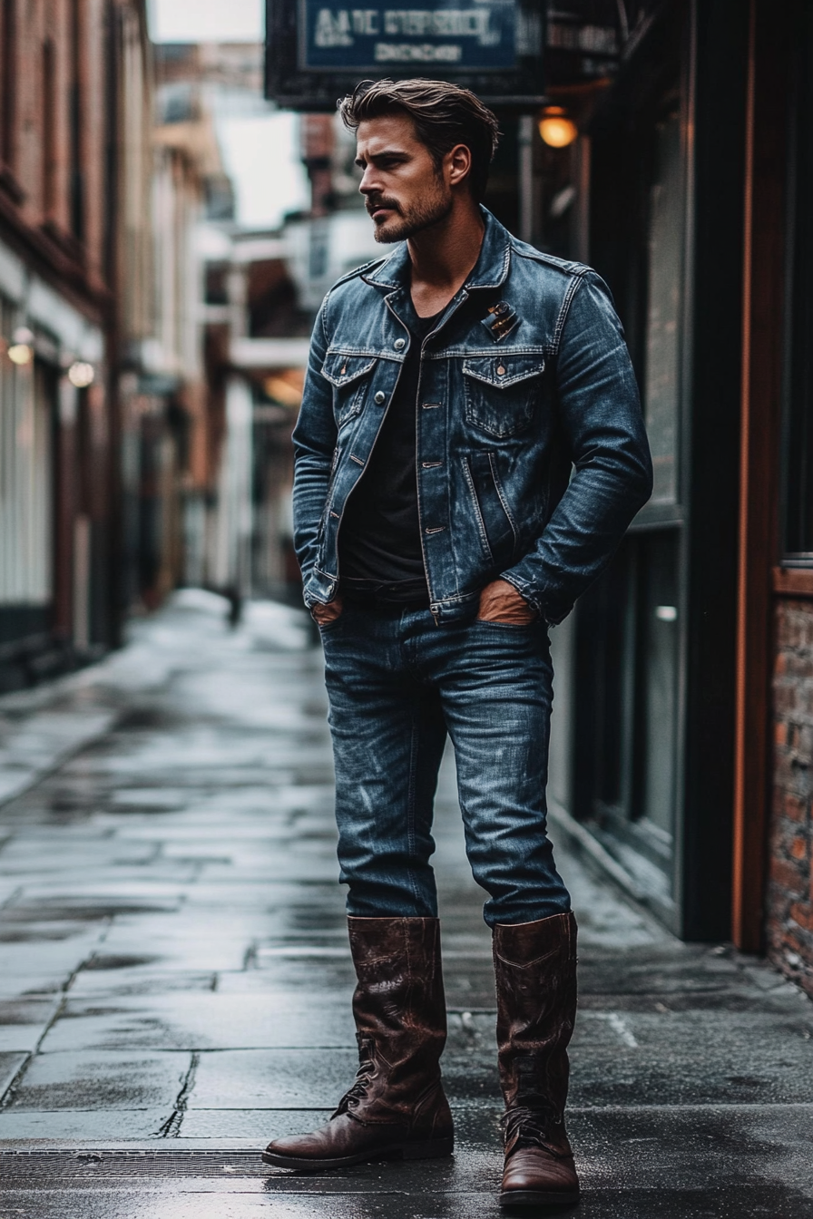 Men's statement style. Tall leather boots with faded denim jacket.