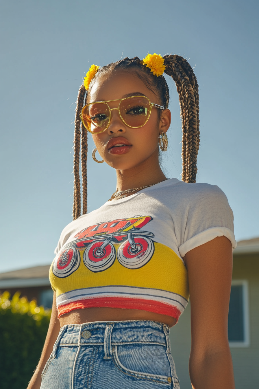 Retro women’s style. Roller-skate tee, baby braids, yellow clip, high-waisted jeans.