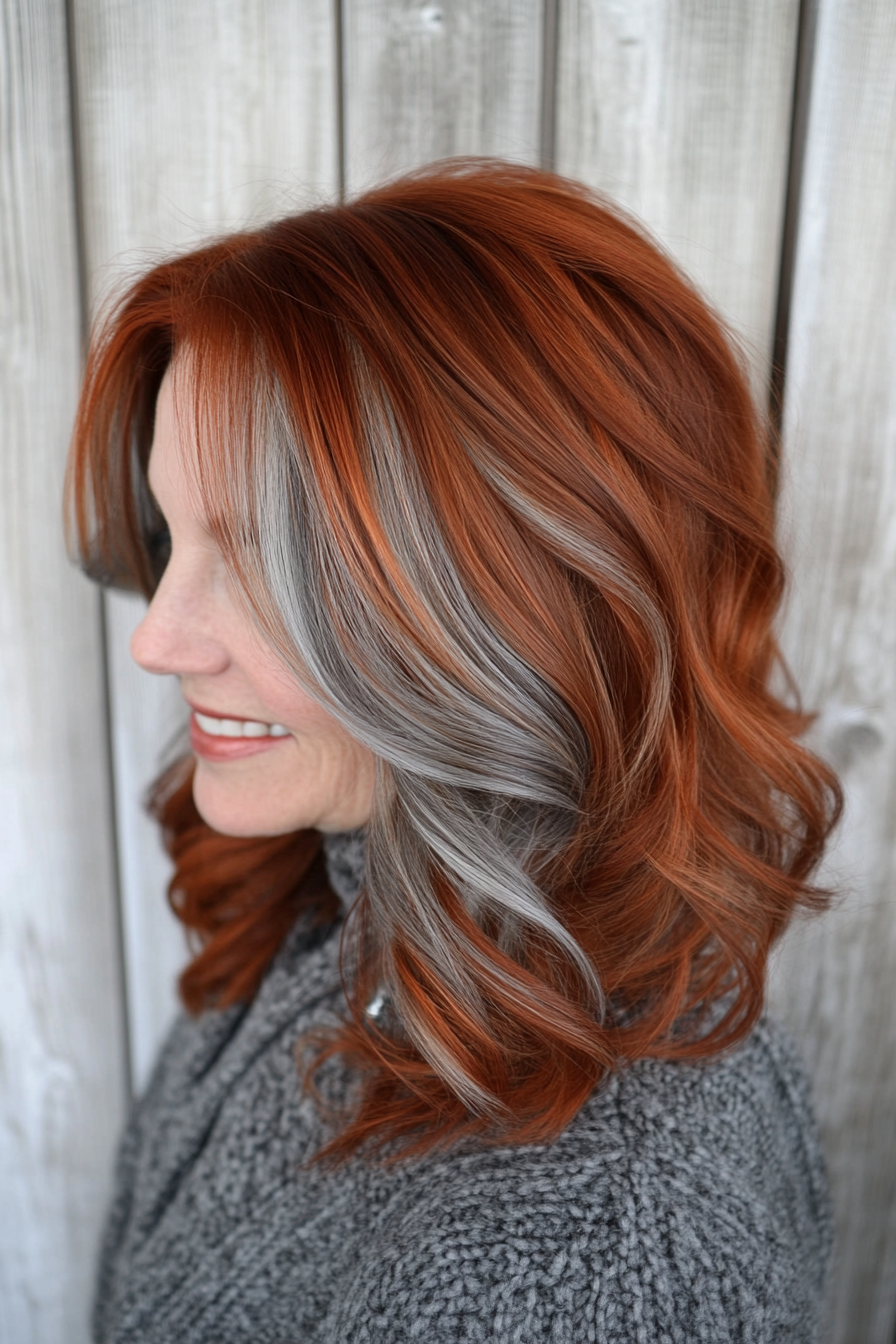 Women's hair color. Auburn with shadow roots and silver toning.