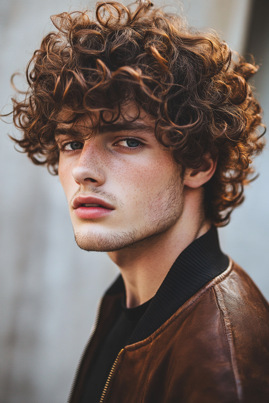 Curly men's style. Texture cream, sponge roller curls.