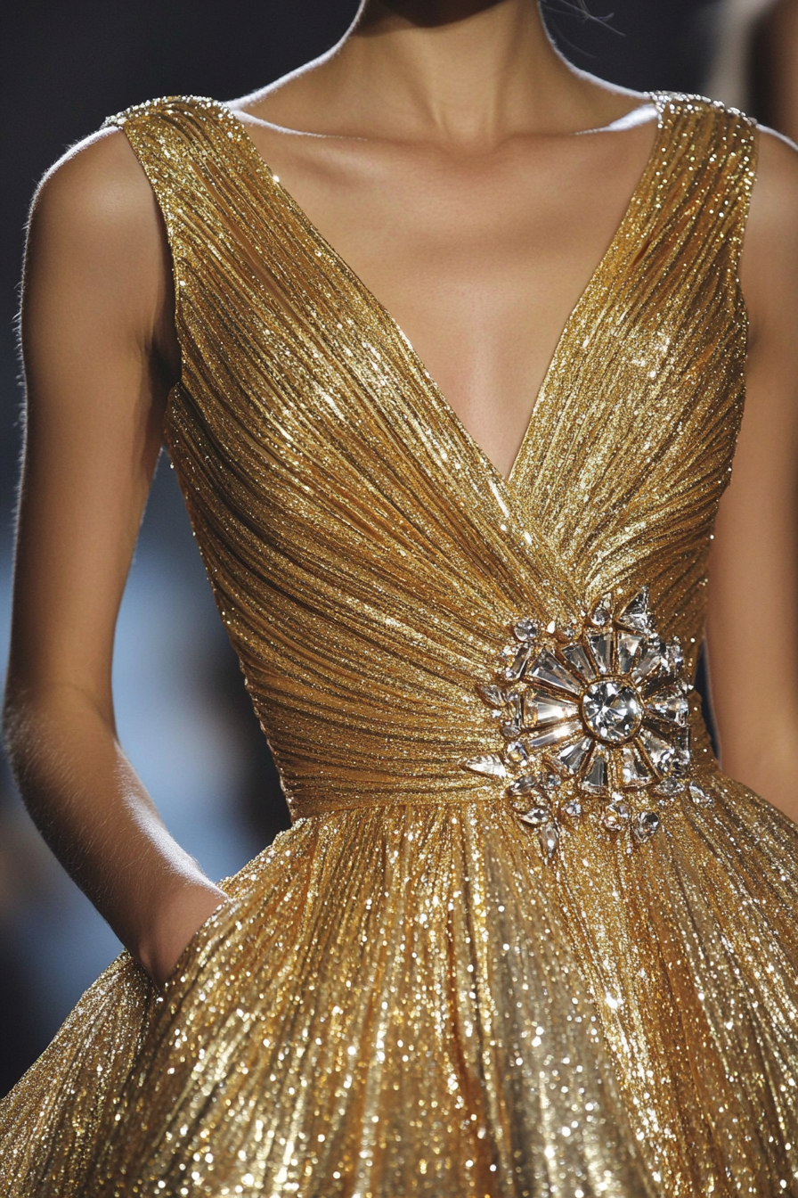 Festive women's style. Gold metallic spray dress with crystal bodice ornaments.