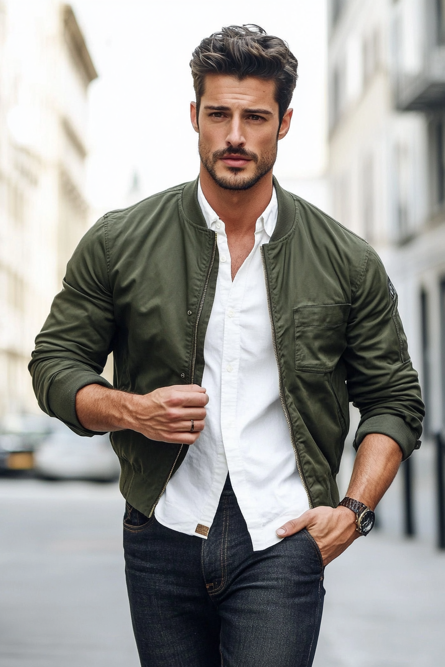 Men's modern style. Olive green bomber jacket with loosely fitted white shirt, tapered dark jeans.