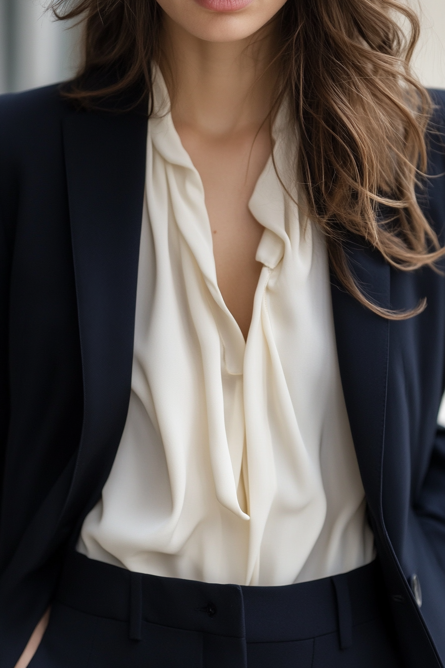 Women's Office Style. Navy blazer with layered silk blouse.