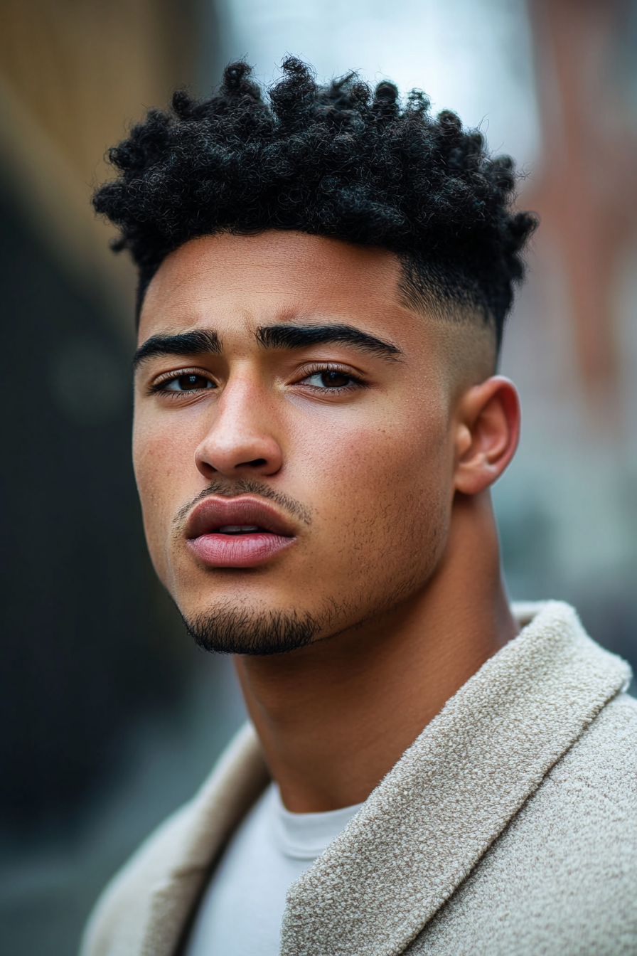 Men's hairstyle. Tightly coiled curls with skin fade.