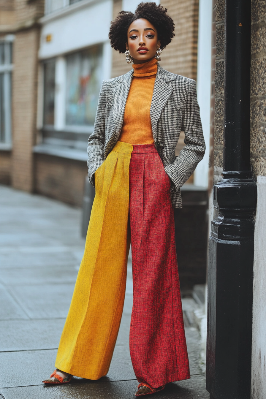 Women's classic style with a modern twist. Tweed blazer paired with brightly colored wide-leg pants.