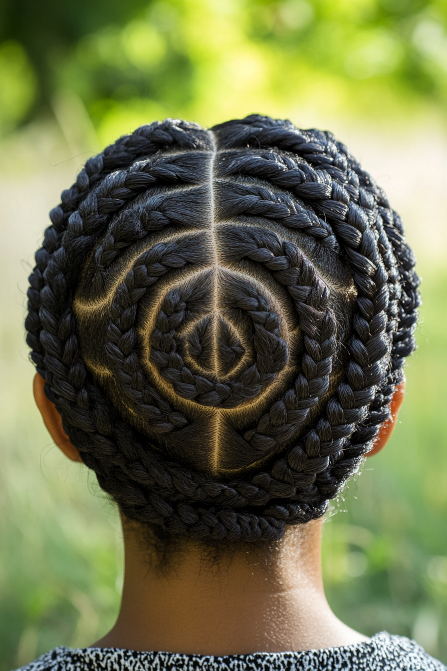 Women's braided style. Cornrows arranged in a geometric circular pattern with natural scalp oil.