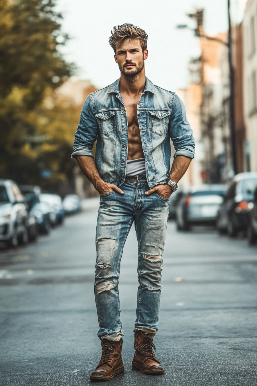 Men's statement style. Tall stature, faded jeans.