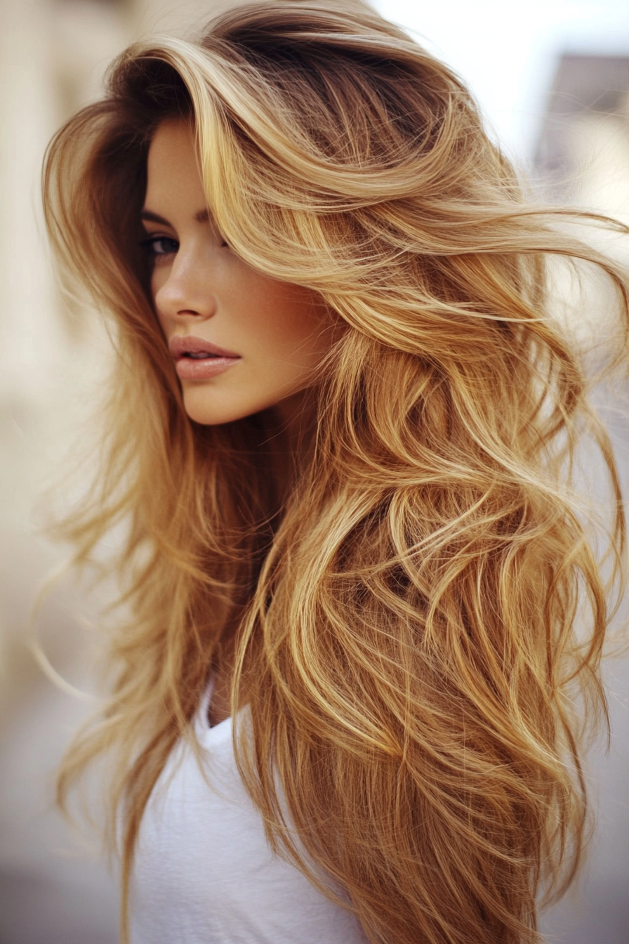 Women's hair color. Caramel balayage with honey-blonde highlights.