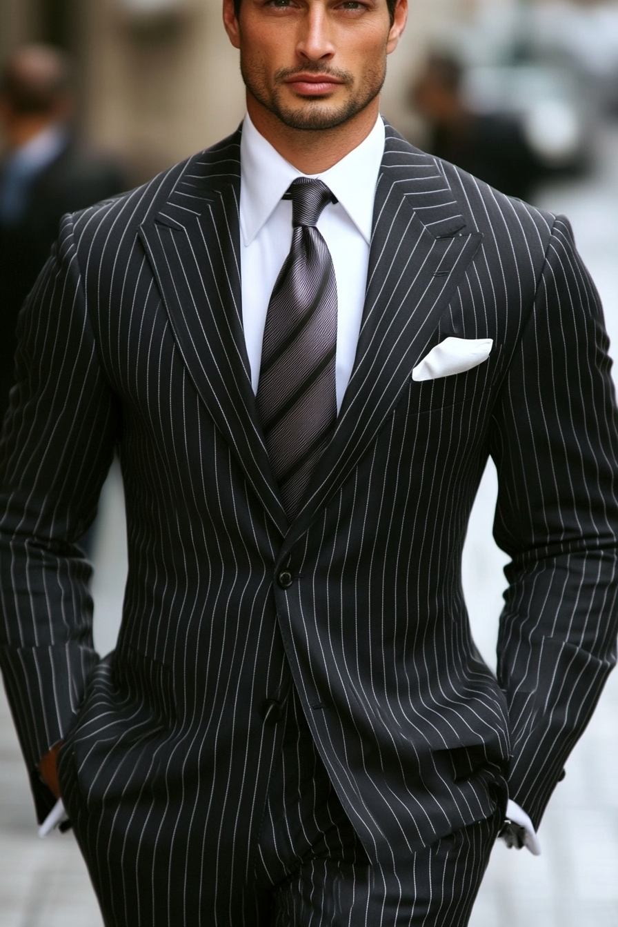 Men's classic style. Pinstripe suit with ombre tie.