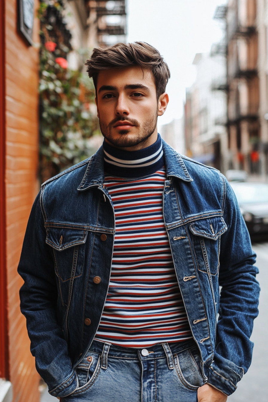 Modern men's style. Striped turtleneck underneath an open blue denim jacket, disconnected tapered faded jeans.