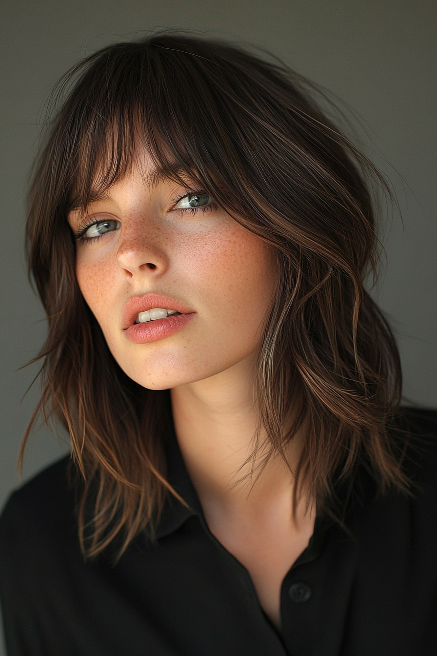 Modern-style Women's Cut: shoulder-length hair with choppy layers, and streaked curtain bangs.