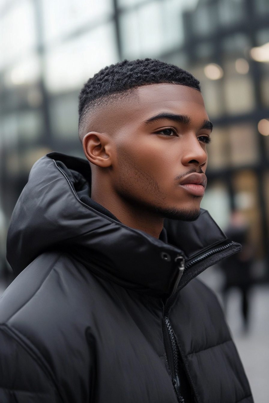 Men's statement style. High fade haircut with slick back.