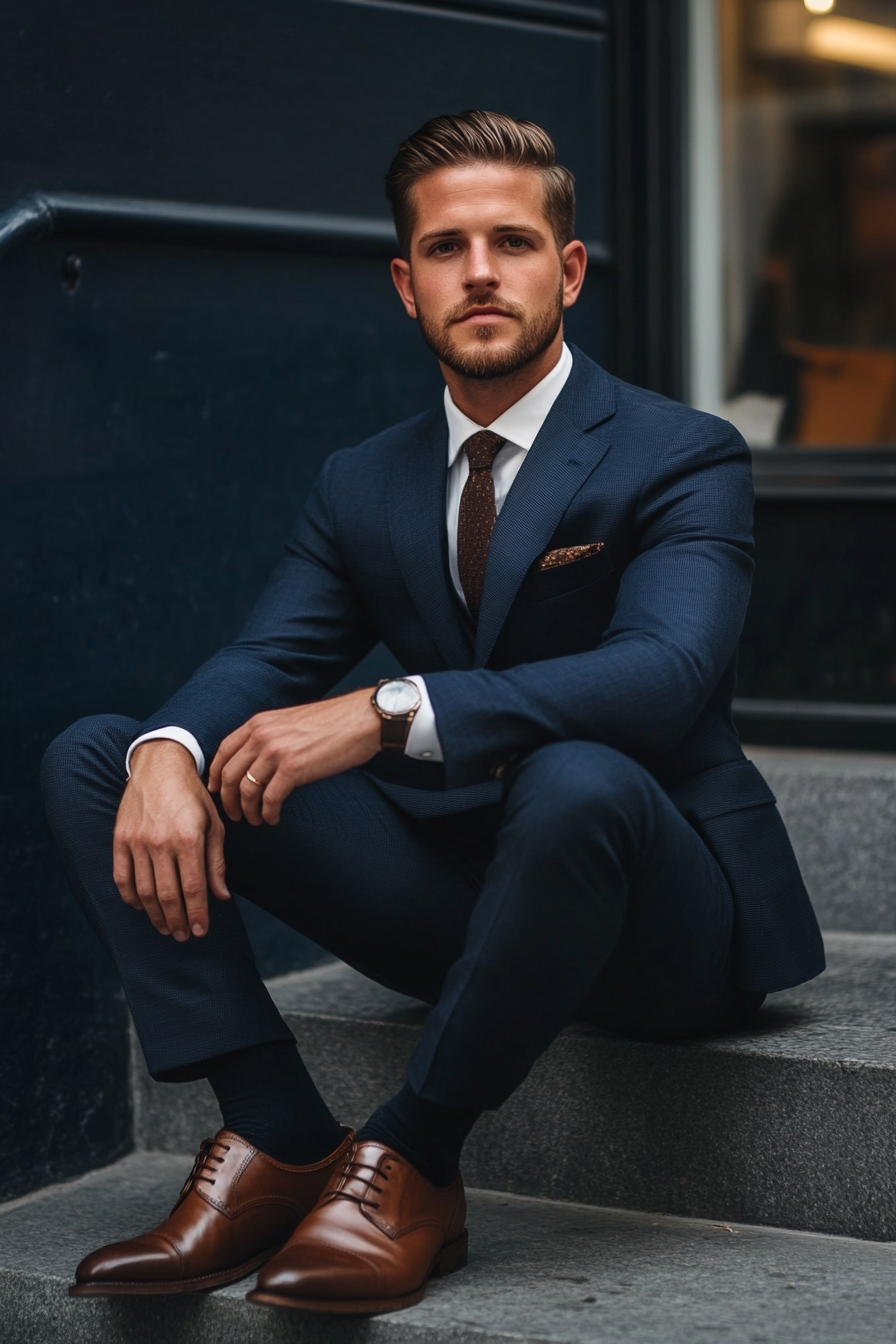 Men's Classic Style. Navy suit with brown brogues, precise fade haircut.