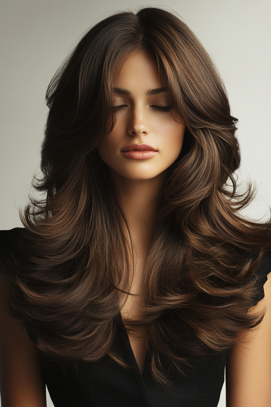 Women's soft style. Long layered cut with loose waves.