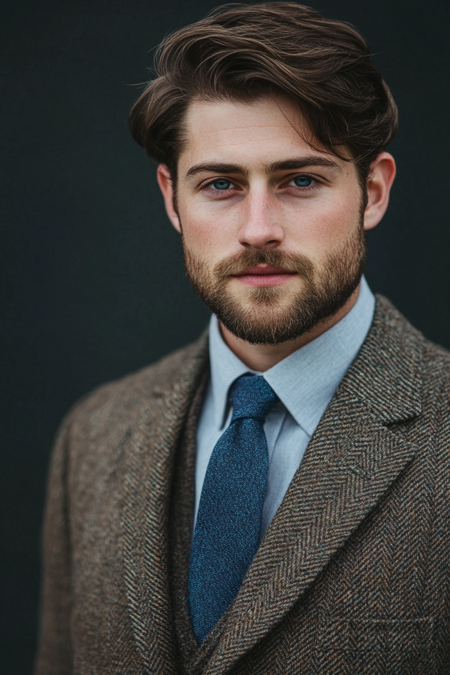 Men's classic style. Tweed blazer with gradient blue tie.