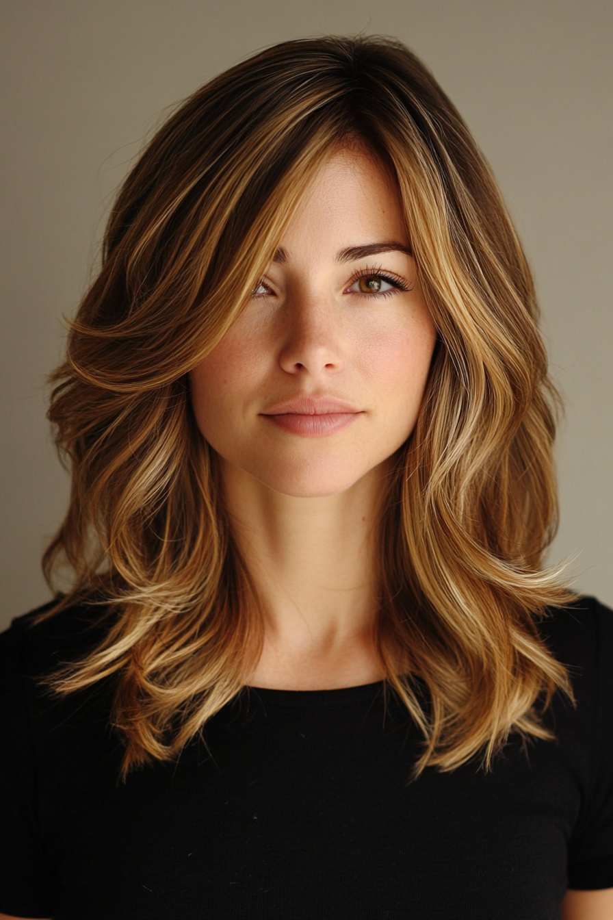 Classic style women's haircut. Shoulder length hair with soft, face-framing layers and balayage highlights.