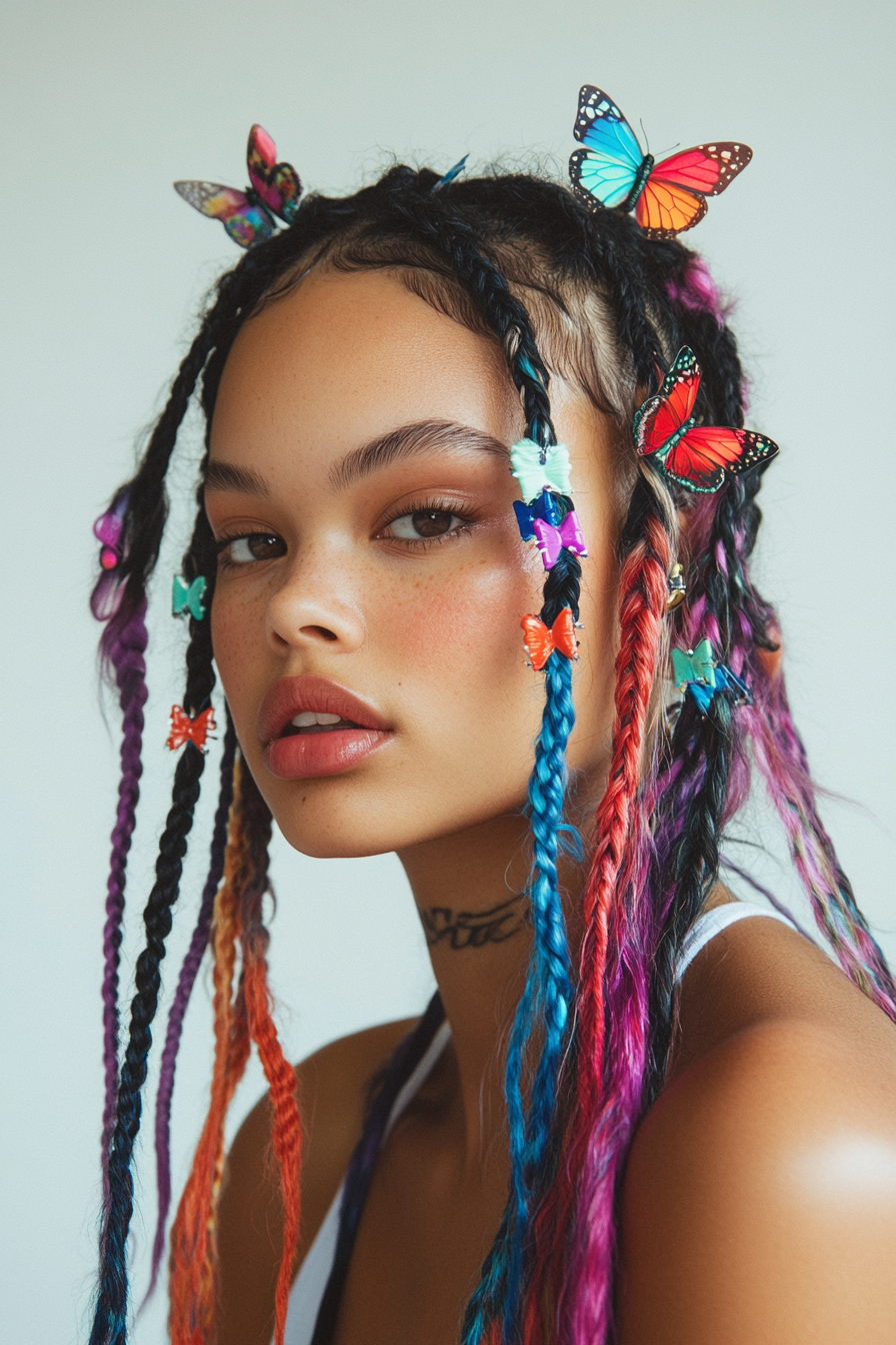 Women's retro style. Baby braids with multi-colored butterfly clips and whispy face-framing strands.