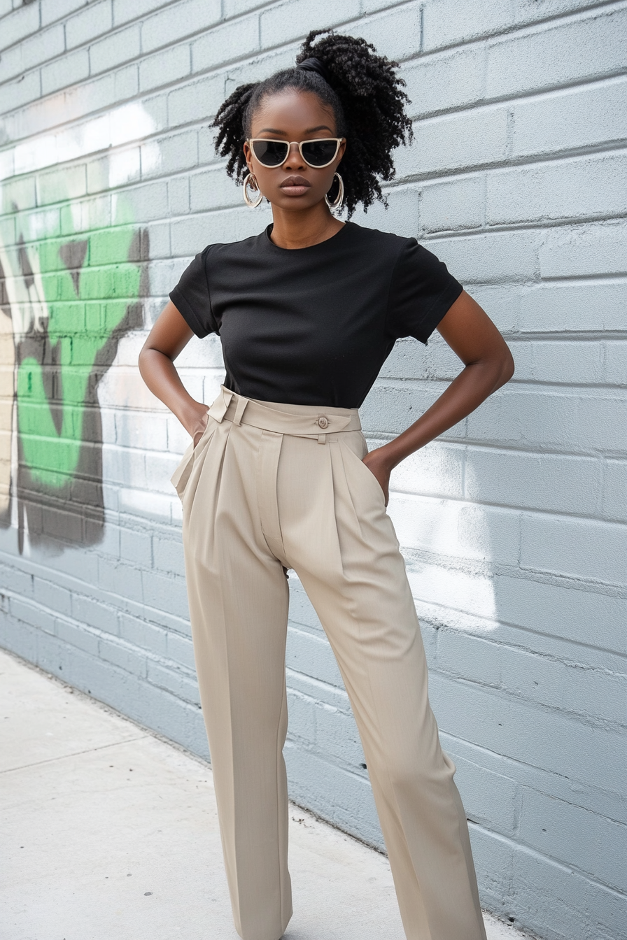 Classic women's style with modern twist. High-waisted trouser with belted paperbag waist.