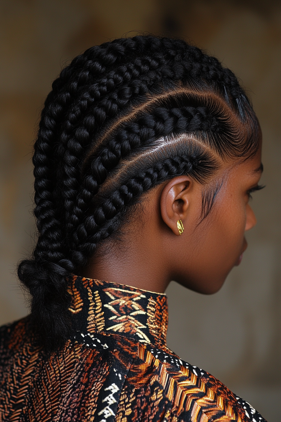 Women's Braided Style. Cornrows with woven patterns and scalp oil application.