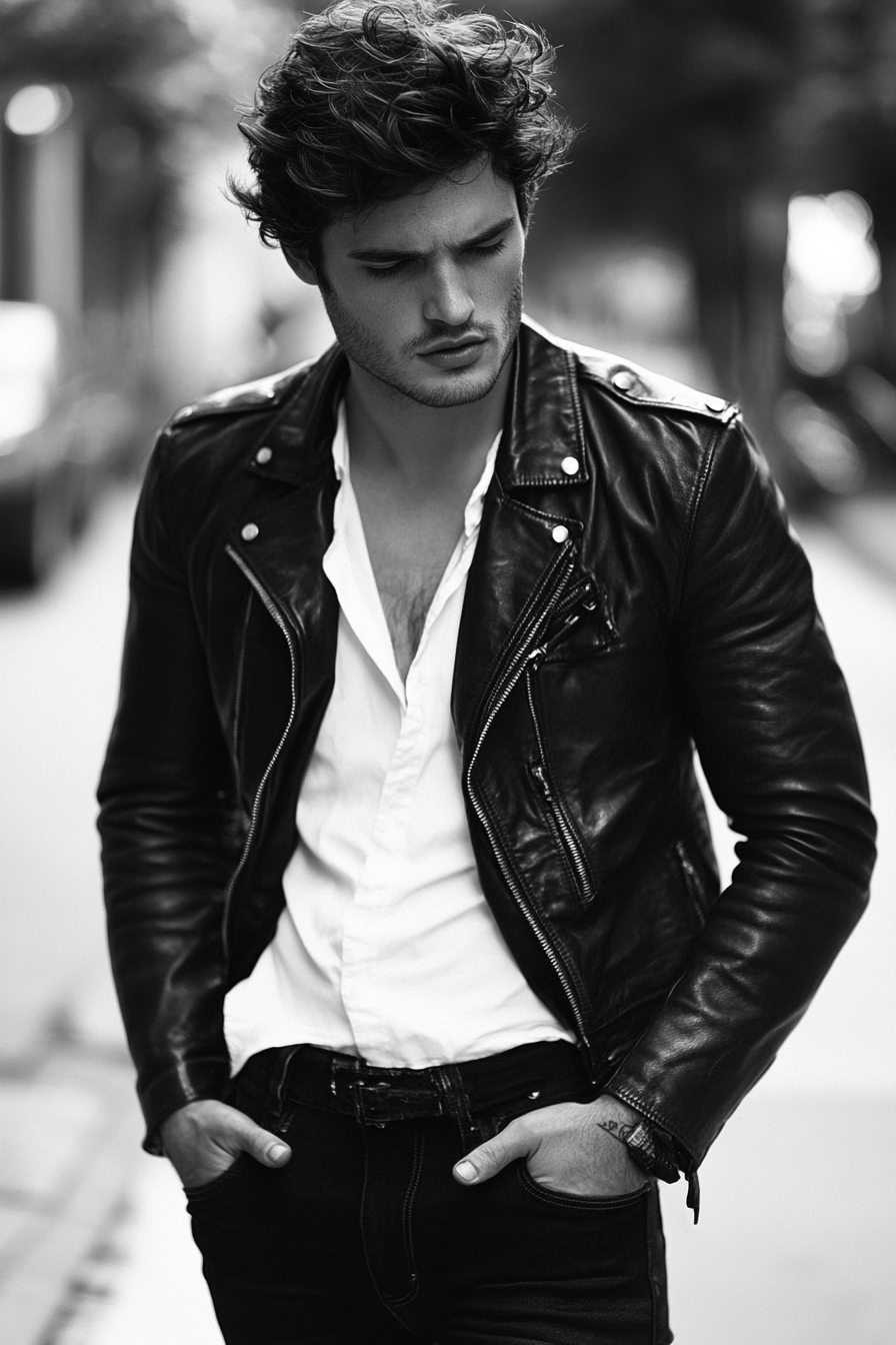 Edgy men's style. Black leather jacket paired with a crisp white shirt.